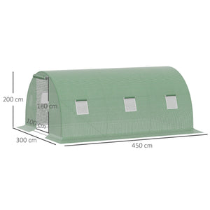 Serre de Jardin Tunnel 13,5 m² dim. 4,5L x 3l x 2H m - 6 fenêtres, Porte zippée Enroulable - châssis Tubulaire Acier galvanisé, bâche PE Haute densité Vert