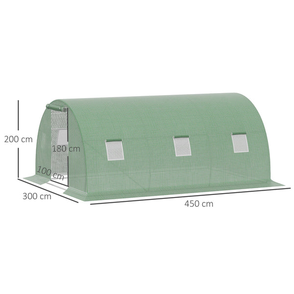 Serre de Jardin Tunnel 13,5 m² dim. 4,5L x 3l x 2H m - 6 fenêtres, Porte zippée Enroulable - châssis Tubulaire Acier galvanisé, bâche PE Haute densité Vert
