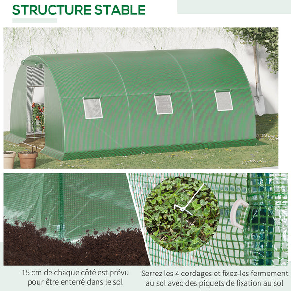 Serre de Jardin Tunnel 13,5 m² dim. 4,5L x 3l x 2H m - 6 fenêtres, Porte zippée Enroulable - châssis Tubulaire Acier galvanisé, bâche PE Haute densité Vert