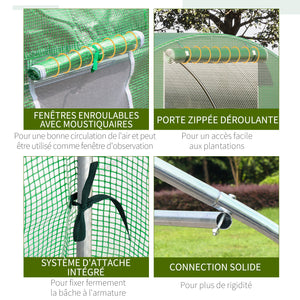 Serre de Jardin Tunnel 13,5 m² dim. 4,5L x 3l x 2H m - 6 fenêtres, Porte zippée Enroulable - châssis Tubulaire Acier galvanisé, bâche PE Haute densité Vert