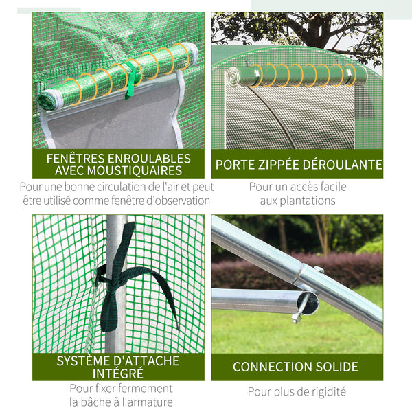 Serre de Jardin Tunnel 13,5 m² dim. 4,5L x 3l x 2H m - 6 fenêtres, Porte zippée Enroulable - châssis Tubulaire Acier galvanisé, bâche PE Haute densité Vert