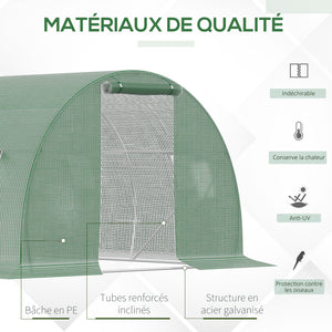 Serre de Jardin Tunnel 13,5 m² dim. 4,5L x 3l x 2H m - 6 fenêtres, Porte zippée Enroulable - châssis Tubulaire Acier galvanisé, bâche PE Haute densité Vert