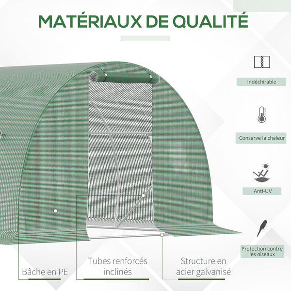 Serre de Jardin Tunnel 13,5 m² dim. 4,5L x 3l x 2H m - 6 fenêtres, Porte zippée Enroulable - châssis Tubulaire Acier galvanisé, bâche PE Haute densité Vert