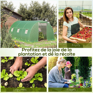 Serre de Jardin Tunnel 13,5 m² dim. 4,5L x 3l x 2H m - 6 fenêtres, Porte zippée Enroulable - châssis Tubulaire Acier galvanisé, bâche PE Haute densité Vert