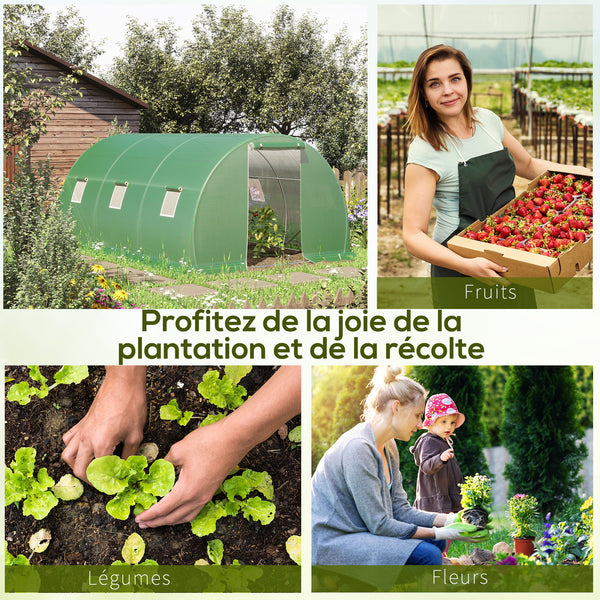 Serre de Jardin Tunnel 13,5 m² dim. 4,5L x 3l x 2H m - 6 fenêtres, Porte zippée Enroulable - châssis Tubulaire Acier galvanisé, bâche PE Haute densité Vert