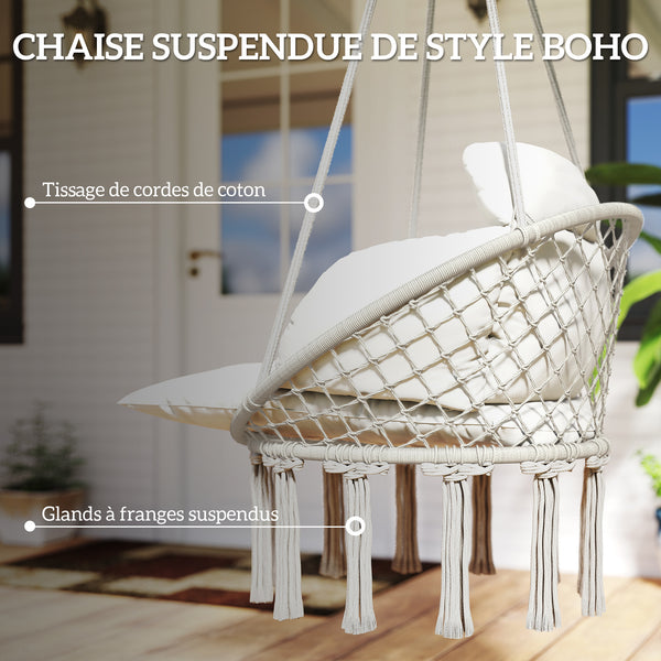 Chaise suspendue avec grand coussin rembourré, fauteuil suspendu à franges, kit de suspension inclus, hamac cadre en acier, tissage serré, crème
