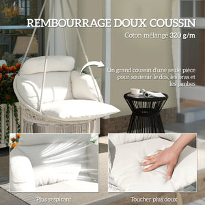 Chaise suspendue avec grand coussin rembourré, fauteuil suspendu à franges, kit de suspension inclus, hamac cadre en acier, tissage serré, crème
