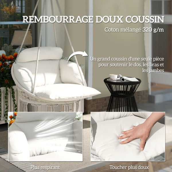 Chaise suspendue avec grand coussin rembourré, fauteuil suspendu à franges, kit de suspension inclus, hamac cadre en acier, tissage serré, crème