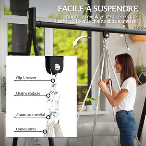 Chaise suspendue avec grand coussin rembourré, fauteuil suspendu à franges, kit de suspension inclus, hamac cadre en acier, tissage serré, crème