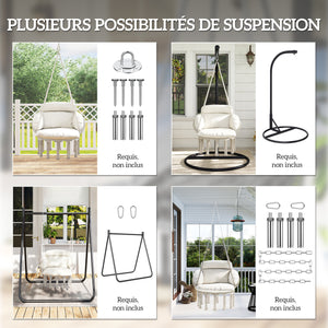Chaise suspendue avec grand coussin rembourré, fauteuil suspendu à franges, kit de suspension inclus, hamac cadre en acier, tissage serré, crème
