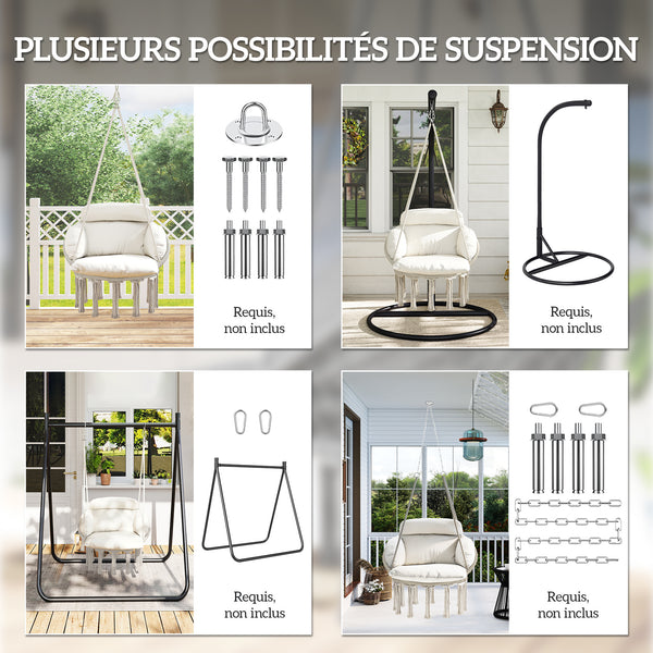 Chaise suspendue avec grand coussin rembourré, fauteuil suspendu à franges, kit de suspension inclus, hamac cadre en acier, tissage serré, crème