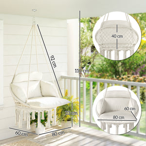Chaise suspendue avec grand coussin rembourré, fauteuil suspendu à franges, kit de suspension inclus, hamac cadre en acier, tissage serré, crème