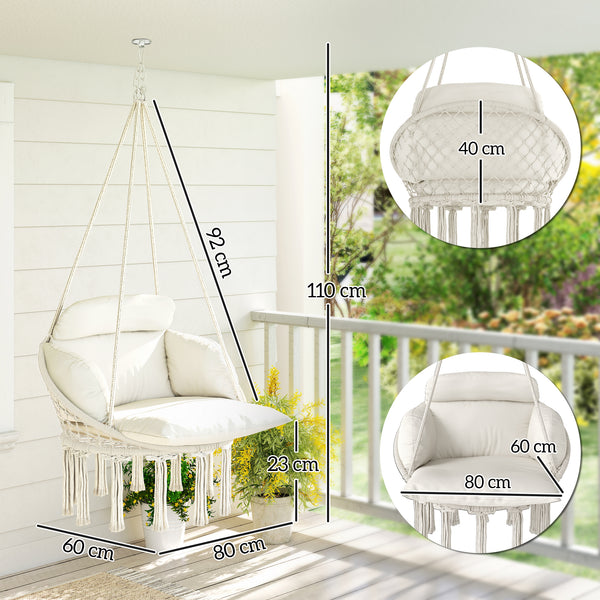 Chaise suspendue avec grand coussin rembourré, fauteuil suspendu à franges, kit de suspension inclus, hamac cadre en acier, tissage serré, crème