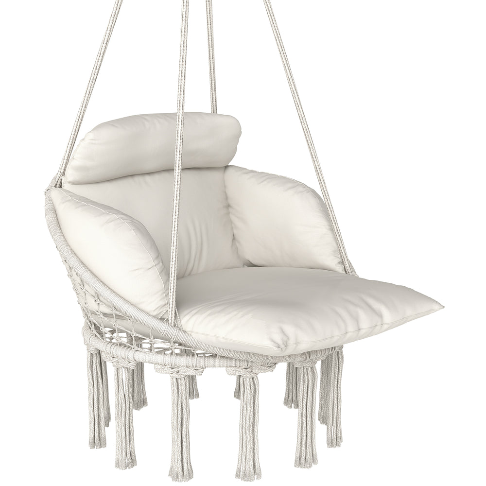 Chaise suspendue avec grand coussin rembourré, fauteuil suspendu à franges, kit de suspension inclus, hamac cadre en acier, tissage serré, crème