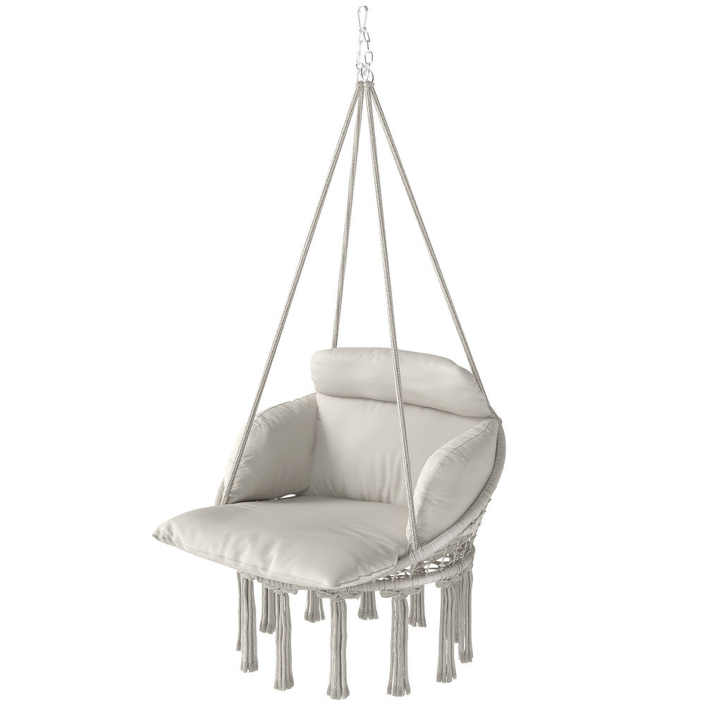 Chaise suspendue avec grand coussin rembourré, fauteuil suspendu à franges, kit de suspension inclus, hamac cadre en acier, tissage serré, crème