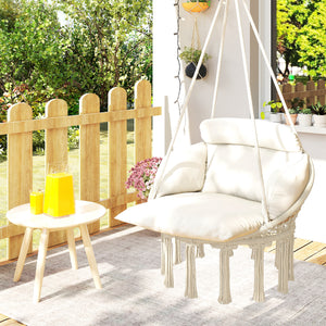 Chaise suspendue avec grand coussin rembourré, fauteuil suspendu à franges, kit de suspension inclus, hamac cadre en acier, tissage serré, crème