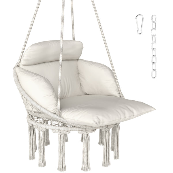 Chaise suspendue avec grand coussin rembourré, fauteuil suspendu à franges, kit de suspension inclus, hamac cadre en acier, tissage serré, crème