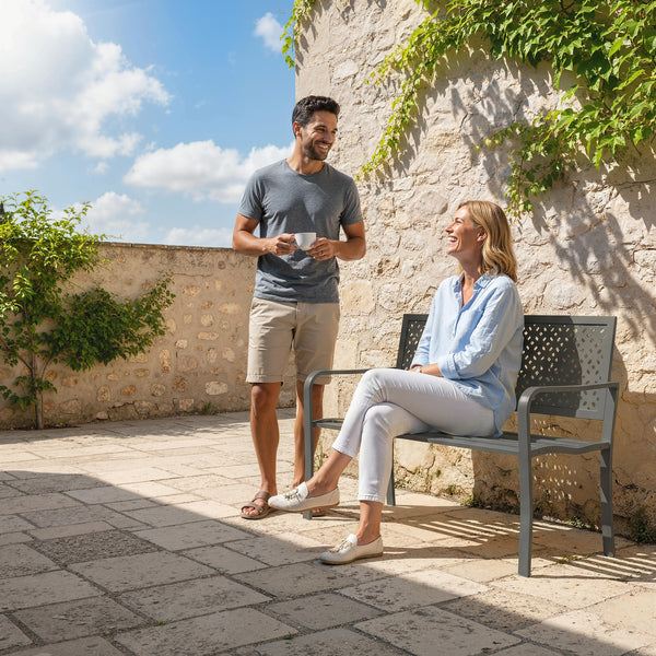 Banc d'extérieur en métal , banc 2 places avec dossier géométrique antirouille et accoudoirs, siège de patio pour balcon, terrasse, parc, gris foncé