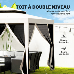 Tonnelle barnum de jardin 3L x 3l m avec 4 moustiquaires amovibles - double toit - crème