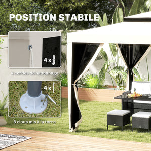 Tonnelle barnum de jardin 3L x 3l m avec 4 moustiquaires amovibles - double toit - crème