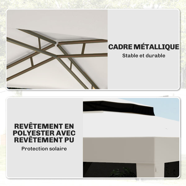 Tonnelle barnum de jardin 3L x 3l m avec 4 moustiquaires amovibles - double toit - crème