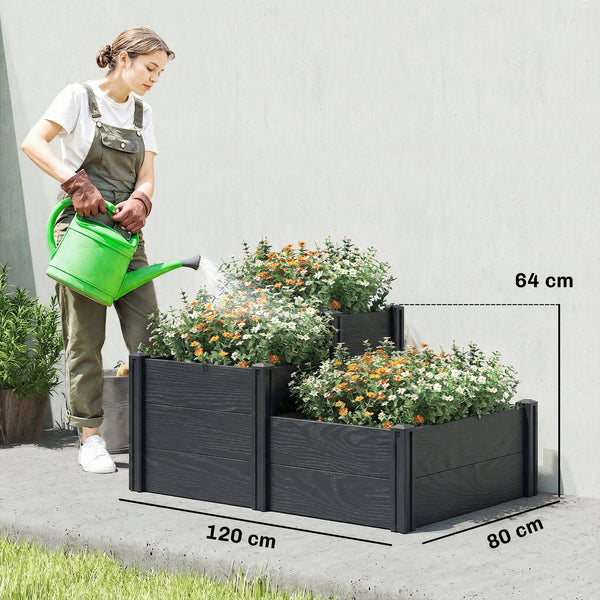 Jardinière surélevée, lit de jardin à 3 niveaux avec fond ouvert, carré potager de jardin pour fleurs, herbes, légumes, 120 x 80 x 64 cm, effet bois gris