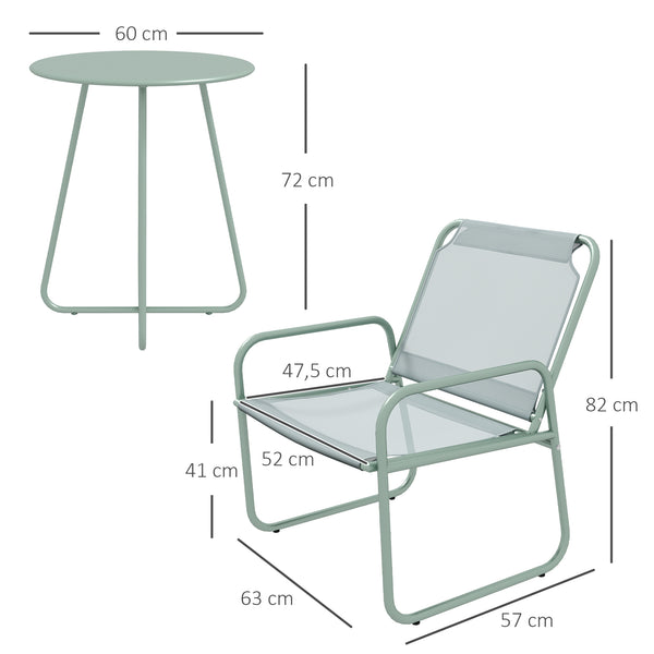 Ensemble de jardin 3 pièces, salon de jardin, 2 fauteuils 1 table ronde, acier et tissu respirant, vert