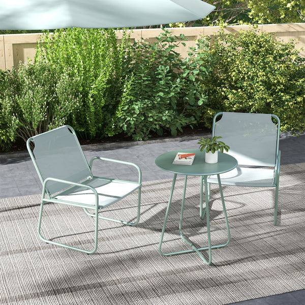 Ensemble de jardin 3 pièces, salon de jardin, 2 fauteuils 1 table ronde, acier et tissu respirant, vert