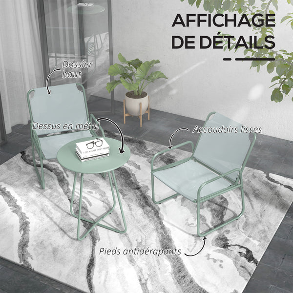 Ensemble de jardin 3 pièces, salon de jardin, 2 fauteuils 1 table ronde, acier et tissu respirant, vert