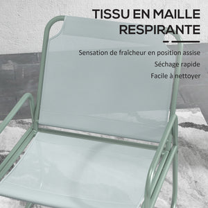 Ensemble de jardin 3 pièces, salon de jardin, 2 fauteuils 1 table ronde, acier et tissu respirant, vert