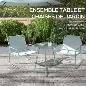 Ensemble de jardin 3 pièces, salon de jardin, 2 fauteuils 1 table ronde, acier et tissu respirant, vert