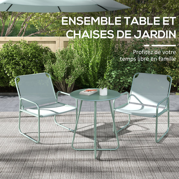 Ensemble de jardin 3 pièces, salon de jardin, 2 fauteuils 1 table ronde, acier et tissu respirant, vert