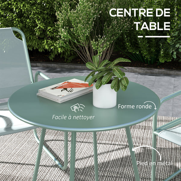 Ensemble de jardin 3 pièces, salon de jardin, 2 fauteuils 1 table ronde, acier et tissu respirant, vert