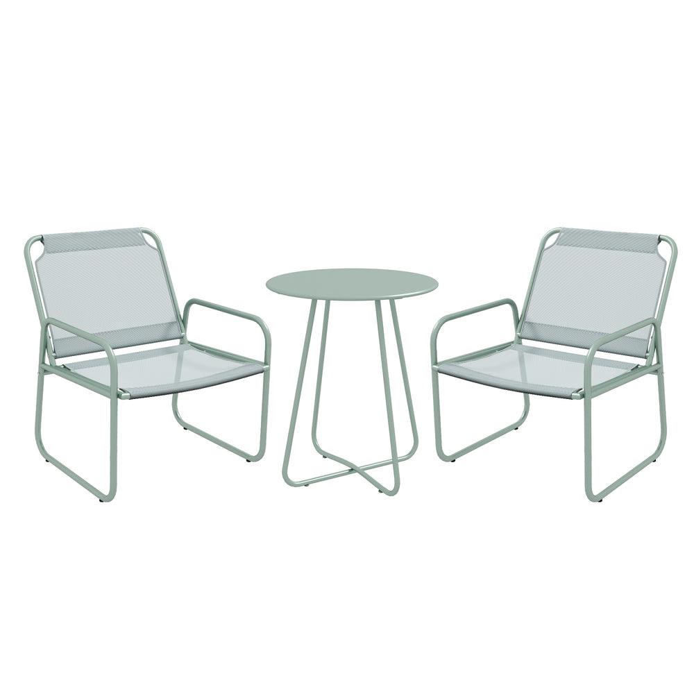 Ensemble de jardin 3 pièces, salon de jardin, 2 fauteuils 1 table ronde, acier et tissu respirant, vert