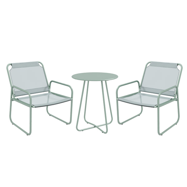 Ensemble de jardin 3 pièces, salon de jardin, 2 fauteuils 1 table ronde, acier et tissu respirant, vert
