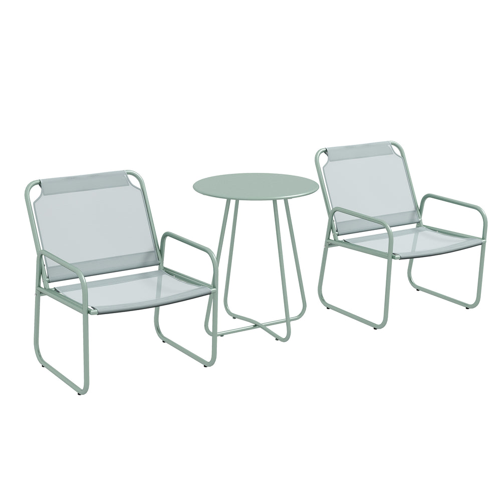 Ensemble de jardin 3 pièces, salon de jardin, 2 fauteuils 1 table ronde, acier et tissu respirant, vert