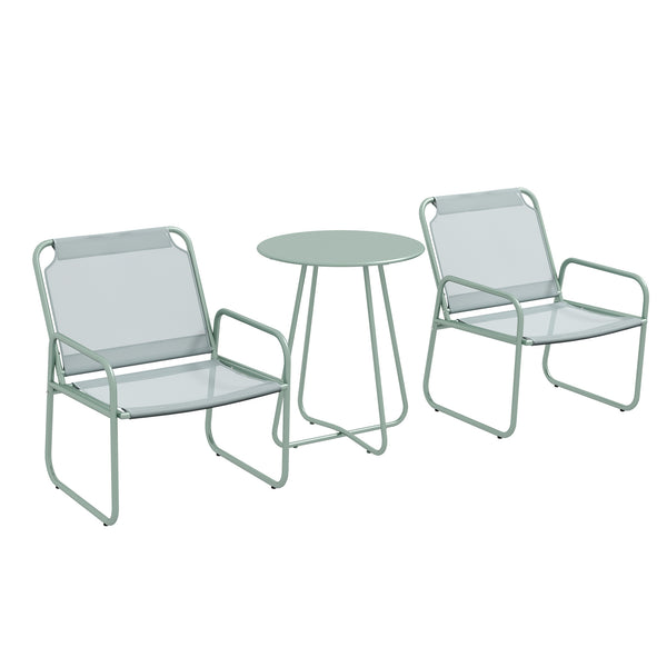 Ensemble de jardin 3 pièces, salon de jardin, 2 fauteuils 1 table ronde, acier et tissu respirant, vert