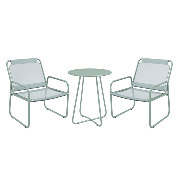 Ensemble de jardin 3 pièces, salon de jardin, 2 fauteuils 1 table ronde, acier et tissu respirant, vert