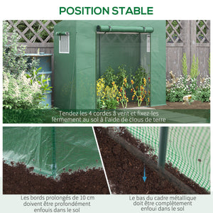 Serre de jardin PE, serre de balcon, bâche renforcée 140 g/m², châssis en acier, porte zippée enroulable, pour légumes plantes fleurs, intérieur et extérieur, 200 x 77 x 169 cm, vert