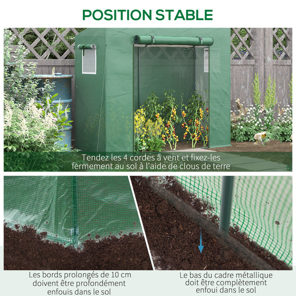 Serre de jardin PE, serre de balcon, bâche renforcée 140 g/m², châssis en acier, porte zippée enroulable, pour légumes plantes fleurs, intérieur et extérieur, 200 x 77 x 169 cm, vert