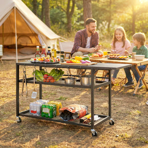 Desserte jardin chariot de barbecue sur roulettes îlot de cuisine avec Plateau Latéral Pliable, Trois Étagères, Crochets et Poinége, 133 x 48,5 x 82 cm, Noir