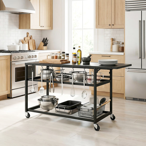 Desserte jardin chariot de barbecue sur roulettes îlot de cuisine avec Plateau Latéral Pliable, Trois Étagères, Crochets et Poinége, 133 x 48,5 x 82 cm, Noir