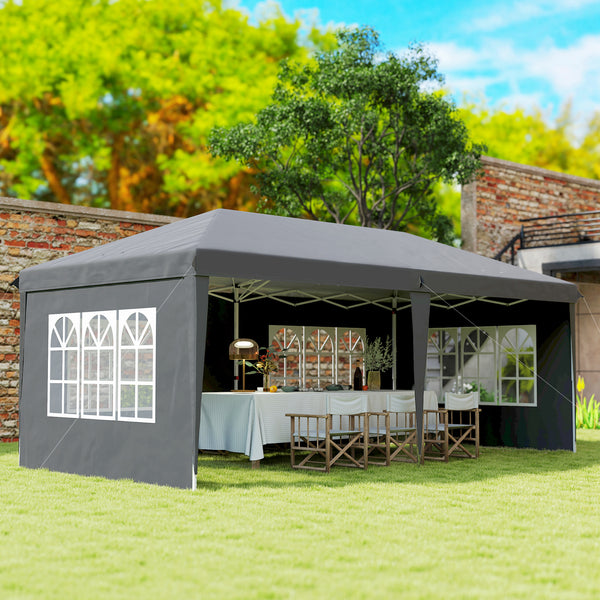 Tonnelle de jardin extérieure pop-up pliante - tente de réception - 3 x 6 m - pavillon chapiteau barnum - 3 cotés démontables - piquets d'ancrage au sol + sac de transport inclus gris