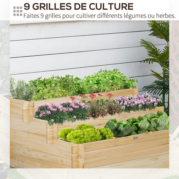 Jardinière sur pieds à 3 niveaux carré potager de jardin avec 9 compartiments en bois de sapin et tissu non tissé dim. 117L x 100l x 54H cm bois naturel