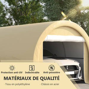 Carport tente de garage 5 x 3 x 2,4 m, abri voiture extérieur, tente de stockage avec porte enroulable zippée, acier galvanisé, PE haute densité 190 g/m², beige