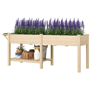 Jardinière sur pieds, carré potager de jardin sur pieds, 2 bacs avec séparateur, tablette pliable et étagère inférieure, potager surélevé en bois pour fleurs, 207 x 59 x 78 cm, bois naturel