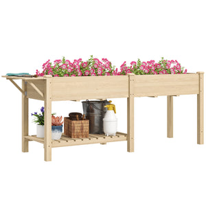 Jardinière sur pieds, carré potager de jardin sur pieds, 2 bacs avec séparateur, tablette pliable et étagère inférieure, potager surélevé en bois pour fleurs, 207 x 59 x 78 cm, bois naturel