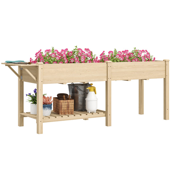 Jardinière sur pieds, carré potager de jardin sur pieds, 2 bacs avec séparateur, tablette pliable et étagère inférieure, potager surélevé en bois pour fleurs, 207 x 59 x 78 cm, bois naturel
