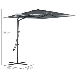 Parasol déporté carré 2,5 x 2,5 m, parasol de jardin extérieur protection UV ouvrir et fermer rapidement et facilement base croisée incluse pour balcon patio terrasse gris foncé