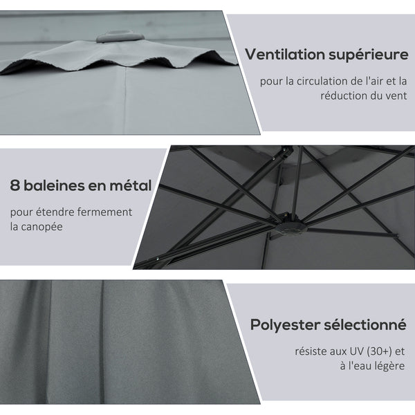 Parasol déporté carré 2,5 x 2,5 m, parasol de jardin extérieur protection UV ouvrir et fermer rapidement et facilement base croisée incluse pour balcon patio terrasse gris foncé
